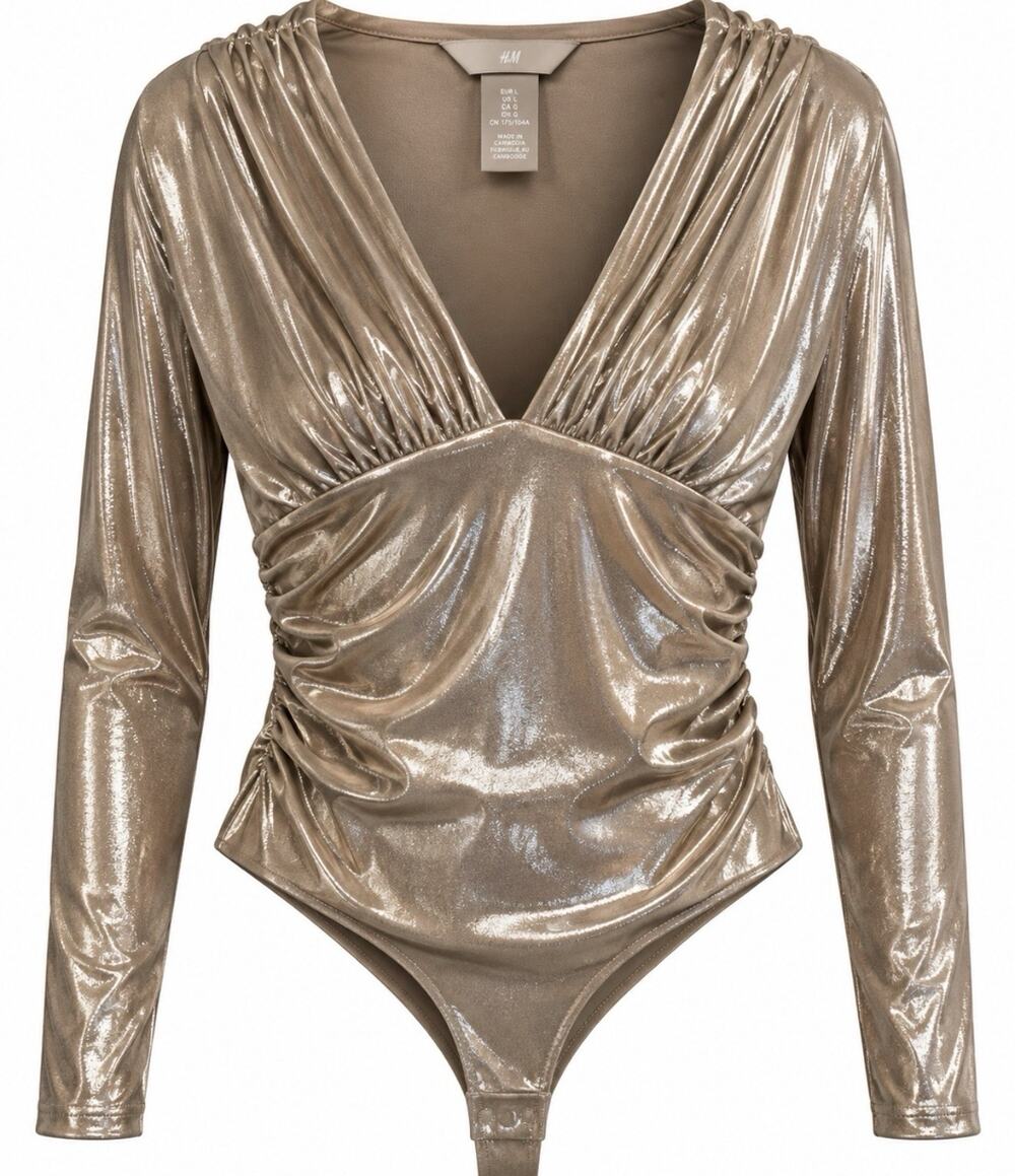 H&M Metallic Silver Bodysuit Women’s L Ruched Deep V Neck Long Sleeve Party